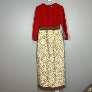 1960s Full Length Dress Jacques Tiffeau for Gossard Red Beige Size 8 Vintage